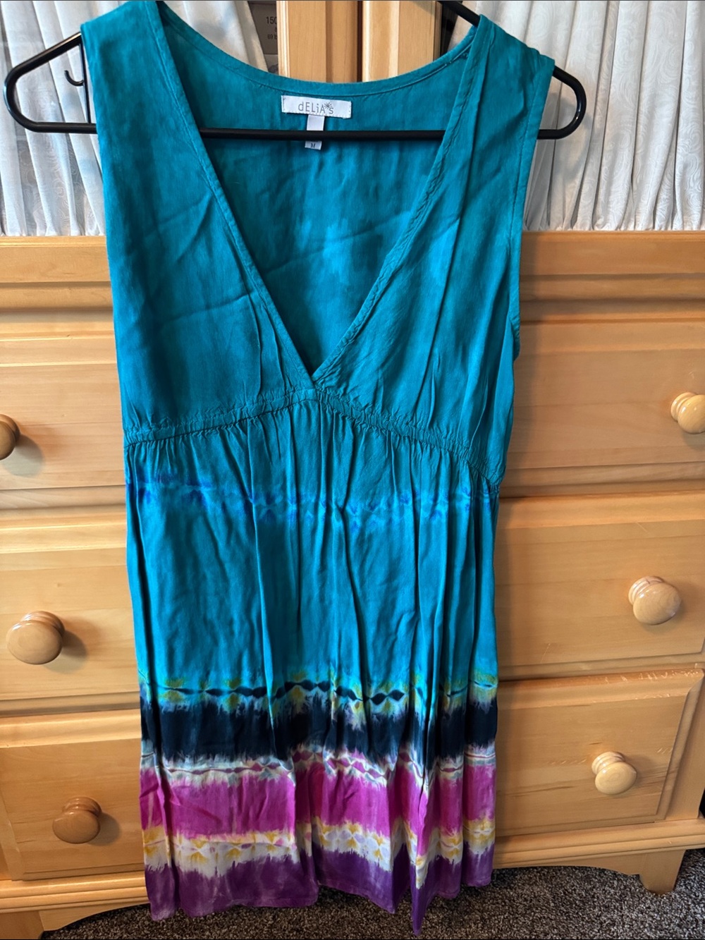dELiA*s Teal Sleeveless V-Neck Tie-Dye Dress with Navy and Purple Bands